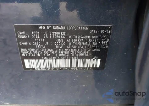 2024 Subaru Outback Onyx Edition from USA, damaged, VIN 4S4BTALC0R3114387